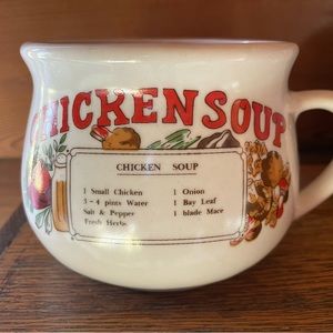 Vintage Chicken Soup Mug Cup Recipe Stoneware Ceramic Cream Orange Graphic Text